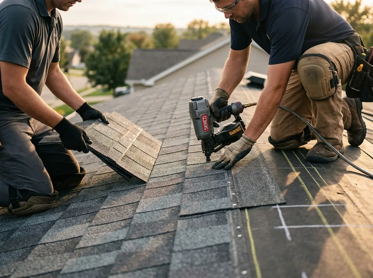 Professional roofer working on a residential roof in Fenton